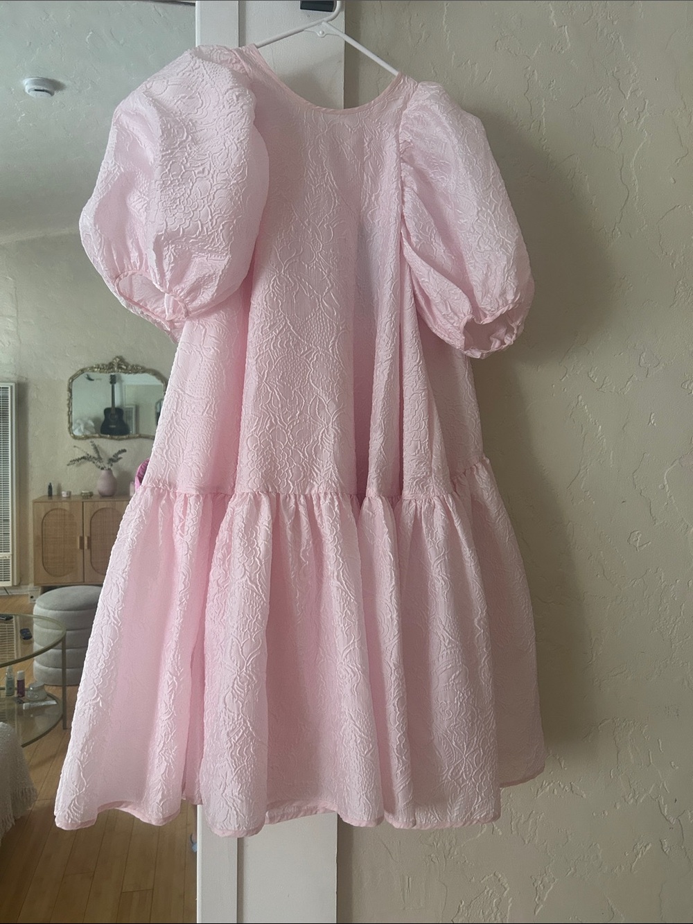Cecilie Bahnsen Pale Pink Puff-Sleeve Textured Tiered Dress